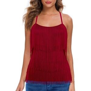 MANER Layered Fringe Tassel Tank Top - Maroon - XS - New With Tags